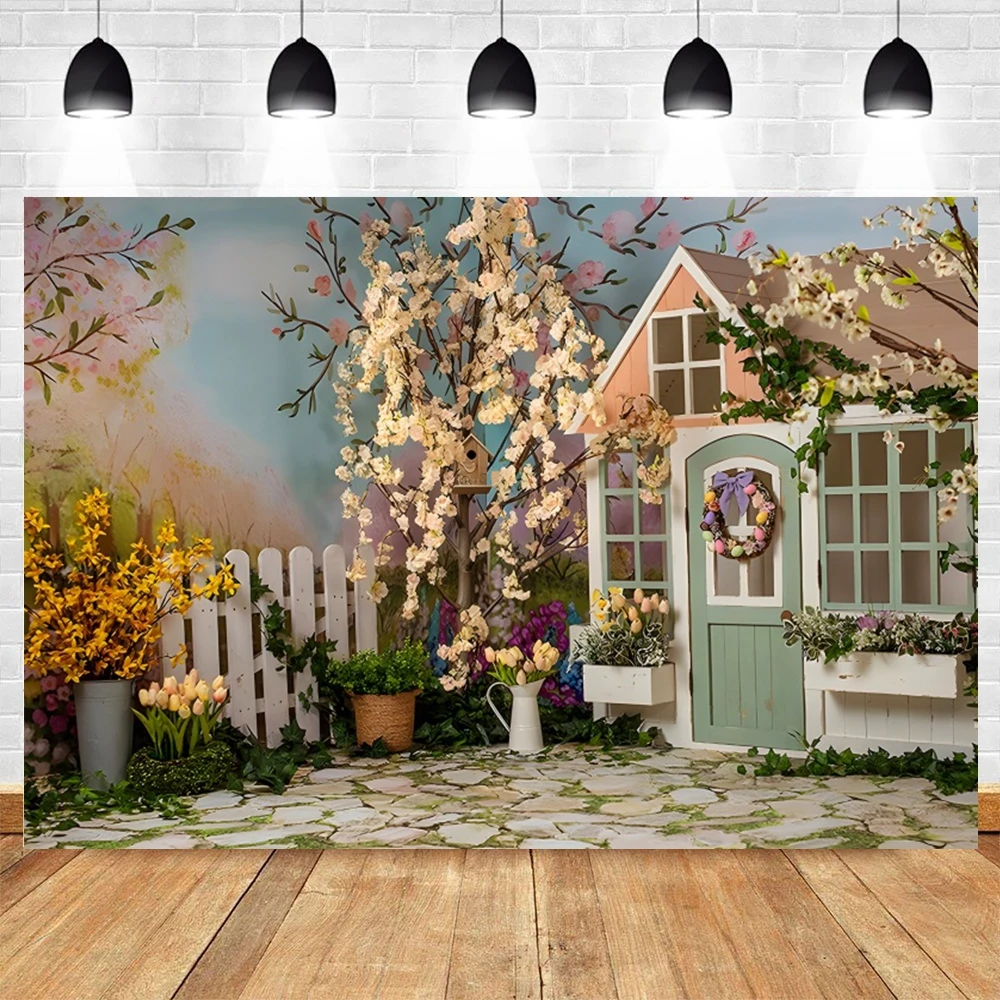 Spring Easter Flower Background for Photography Wooden House Floor Rabbit Bunny Egg Newborn Baby Portrait Backdrop Photo Studio