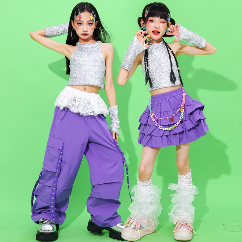 Mädchen K-pop Pailletten Crop Top Cargo Hosen Kinder Hip Hop Street Dance Kostüme Kinder Streetwear Mädchen Jazz Teen Kleidung sets