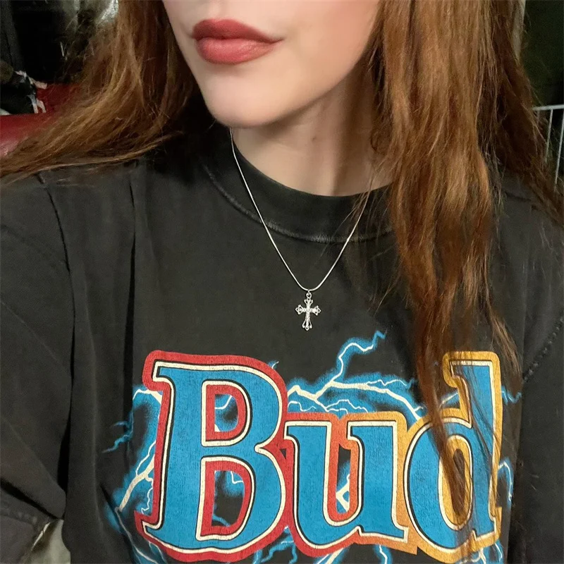 اليدوية Y2K القوطية الفولاذ المقاوم للصدأ ثعبان الحبل قلادة مع قلادة الصليب حجر الراين الصغيرة #2