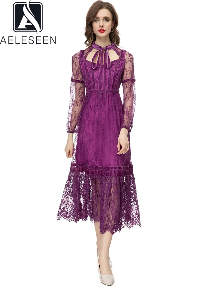 

AELESEEN Elegant Lace Long Dress Women Summer Full Sleeve Purple Hollow Out Velvet Patchwork Bow Transparent Ruffles Party