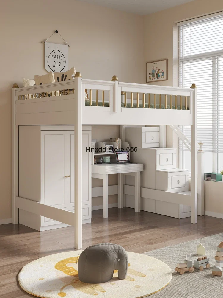 Staggered upper and lower bunk beds Small apartment type mother and child bed Wardrobe high and low bed