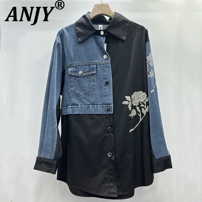 

ANJY Autumn New Woman Denim Patchwork Shirt Turn-down Collar Long Sleeved Pocket Studded Diamonds Personalized Casual Tops A8716