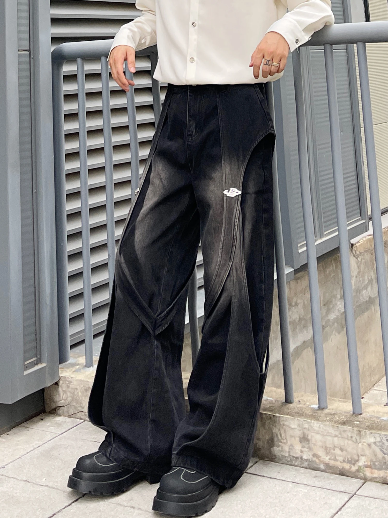 American Retro High Sense Gradual Change Splicing Black Jeans Men's Design Sense Trend Loose Scimitar Pants