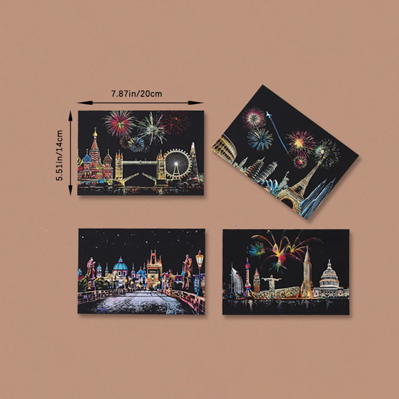 Night Scene Scratch Art Urban Landscape Architecture Clip Art 4PCS Postcard Style Colorful Scratch Art Cool And Colorful Scratch
