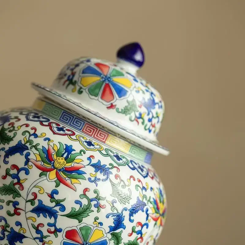 Jingdezhen Guofeng General Tank Retro Tea Can Bucket Color Enamel Color Sealed Can Storage Tank Household Moisture-proof Tank