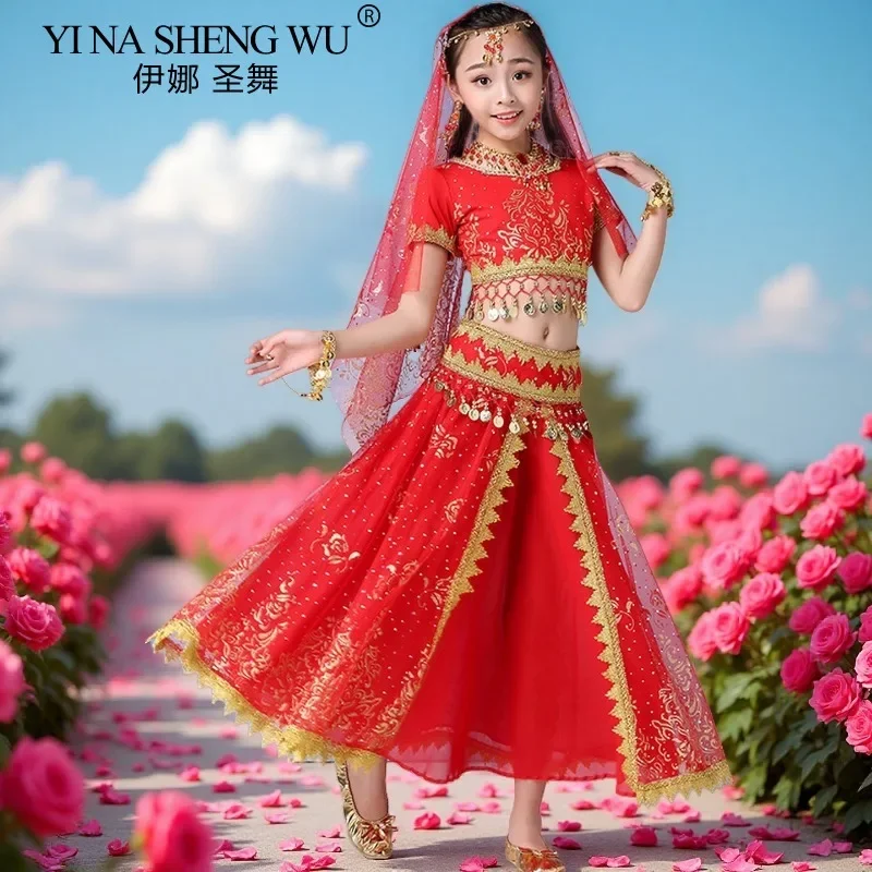 

Комплект костюмов для индийских танцев для подростков: сари, одежда для танцев в стиле Болливуд, детский наряд, шифоновые комплекты для выступлений по восточным танцам