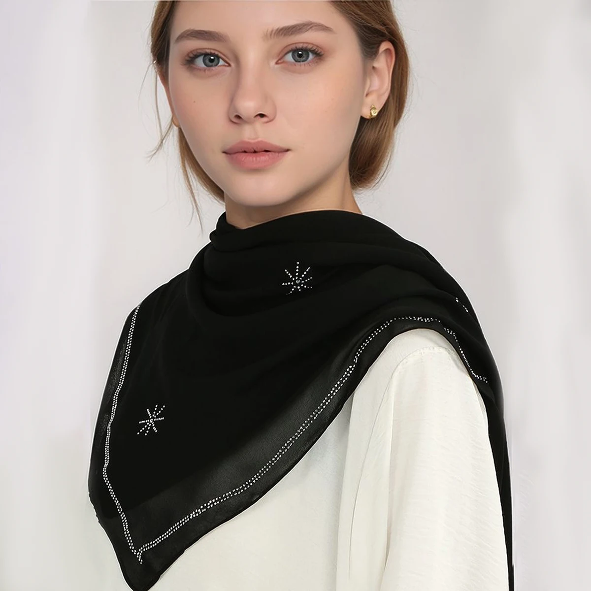 

90*90 см квадратная шаль со стразами, шарф для мусульманского хиджаба, однотонная шифоновая шаль, женский блестящий платок с бриллиантами, платок
