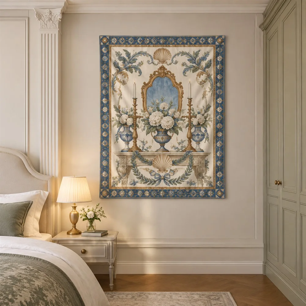 VIKAMA Candle and Mirror Still Life Mirror Symmetric Tapestry Wall Hanging, Neoclassical Wall Decor