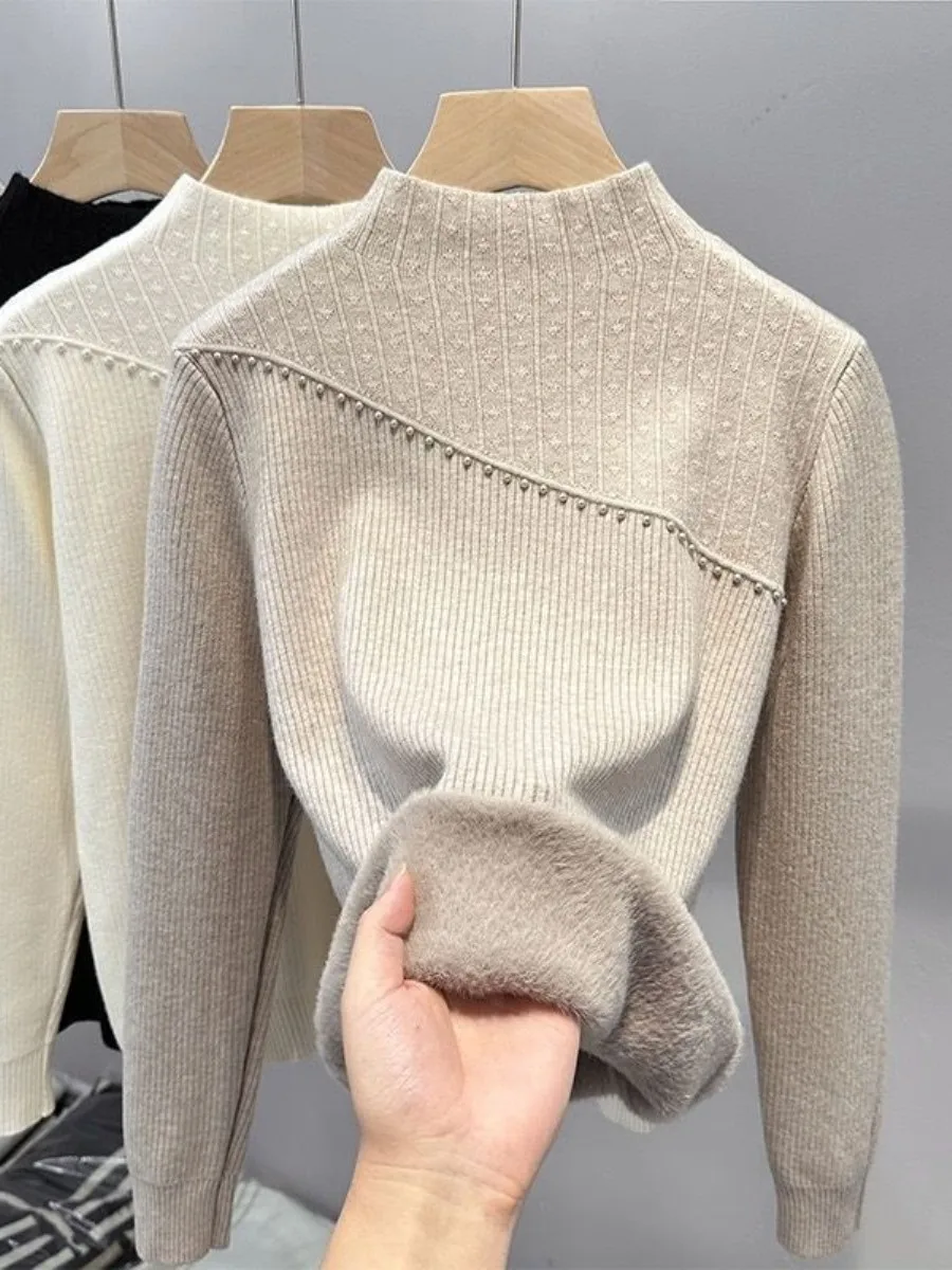

Thickened One-Piece Fleece Women's Sweater Half High Collar Base Layer Multi-Piece Set Autumn Winter New Style Inner Wear