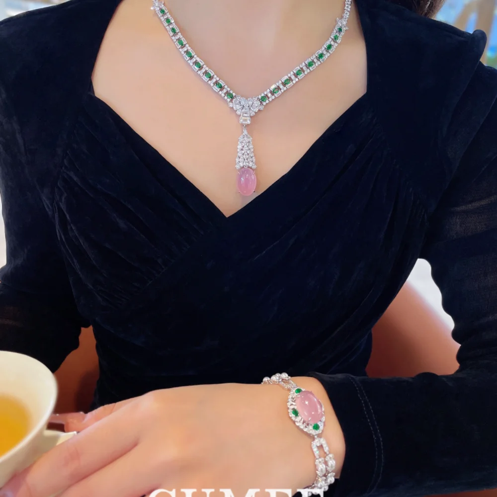 Cumee Vintage Dainty Pink Chalcedony Pendant Necklace Women 925 Sterling Silver CZ Gemstone Gold Plated