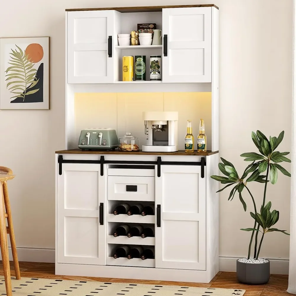 

Bar Cabinet 76" with Charging Station, Large Kitchen Hutch Sideboard Pantry Cabinet, 12 Storage Shelves, Wine & Glasses Rack