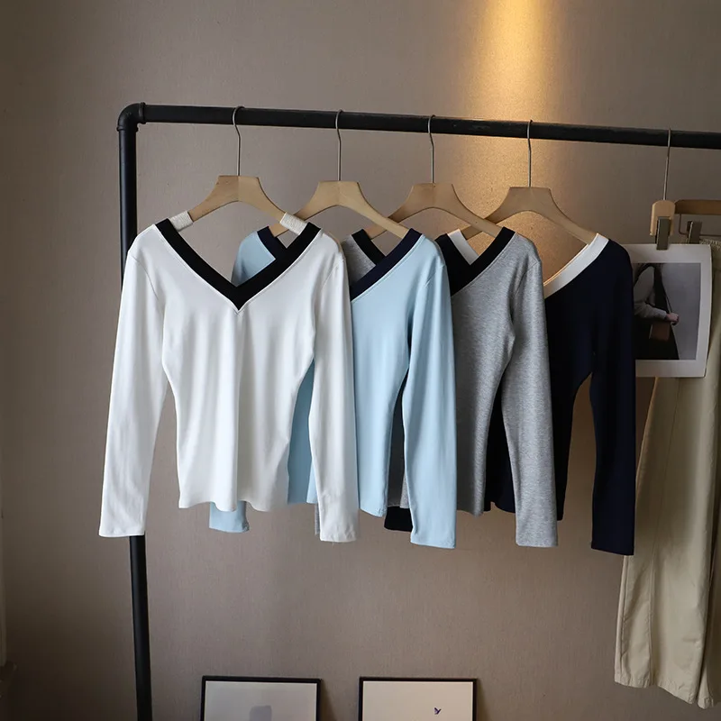 T-shirt a blocchi di colore da donna autunno con scollo a V impiombato a maniche lunghe T-shirt elastiche Coreano Moda casual Base semplice Pullover Top