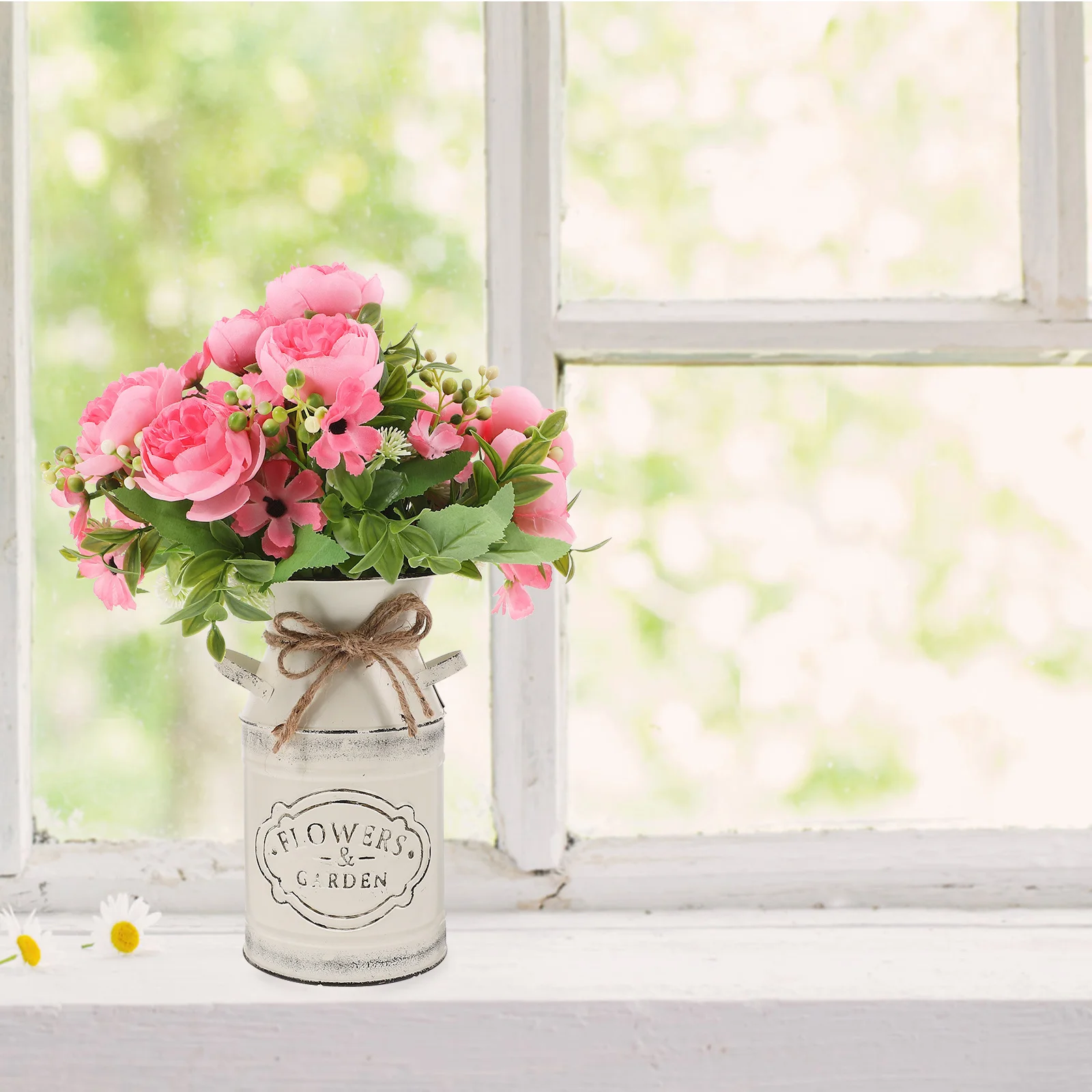 

Rustic Iron Vintage Milk Jug Rope Decor Flower Vase French Pitcher Dried Flowers Farmhouse Centerpiece Table Decor