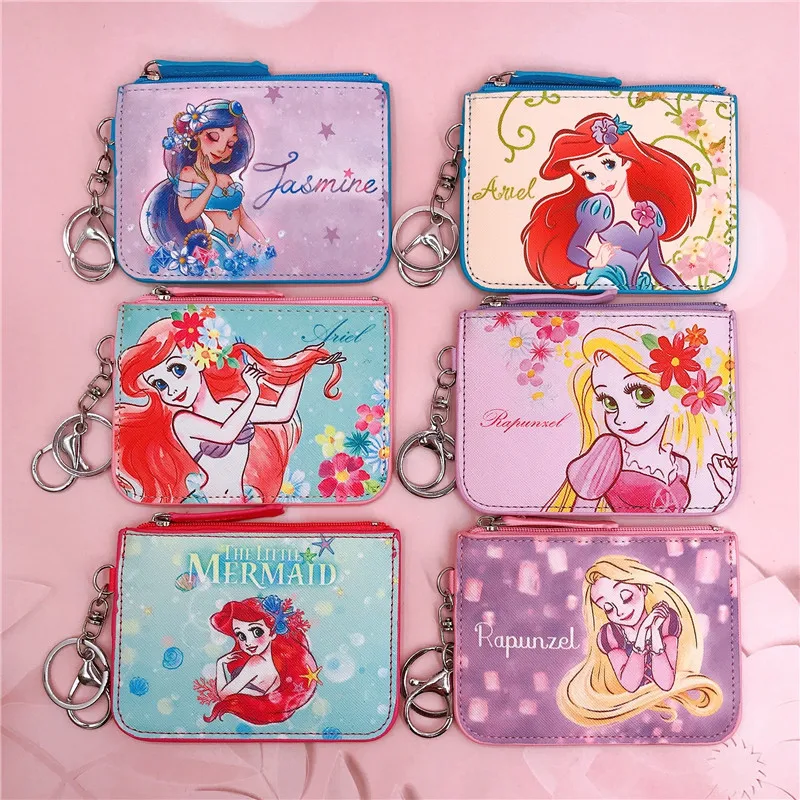 High Quanlity Cartoon Mermaid Princess PU Card Holder Women's Zipper Change Purse Girls Mini Key Card Bag With Keychain