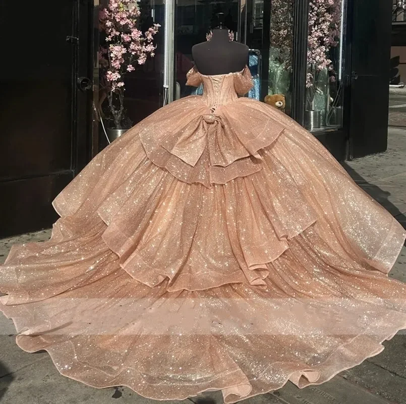 Angelsbridep Luxe Roségouden Prinses Quinceanera Met Strikrug Kristallen Kralen Cinderella Sweet Dress Vestidos De Anos Custom