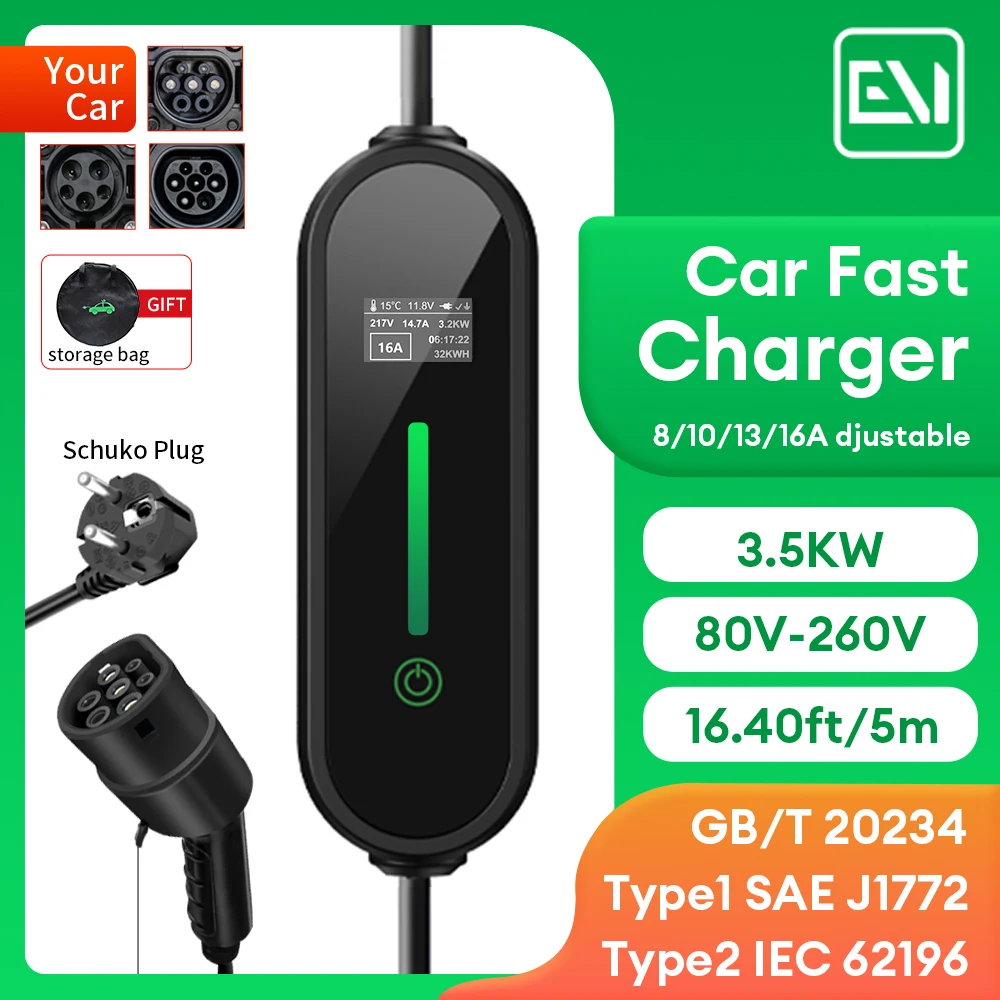 Portable EV Fast Charging Car Charger with CEE Plug, 4 Types Adjustable Currents, EVSE, Type 2, Type 1, J1772 GB/T, 3.5KW, 16A,