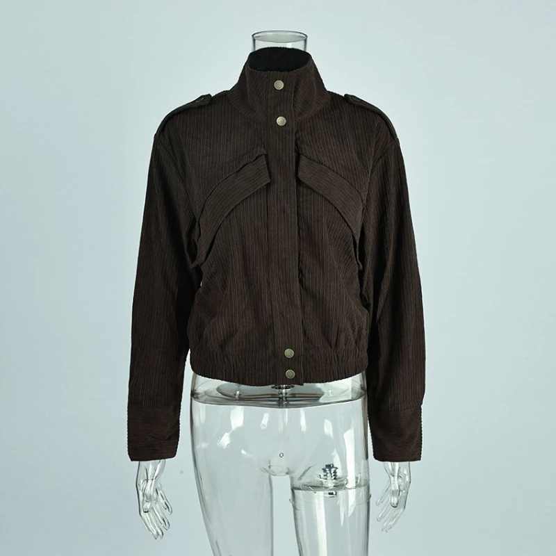 Jacke für Damen, braun, Stehkragen, lange Ärmel, Patchwork, einreihig, modisch, lässig, Cordjacke, weiblich, 2025, Streetwear