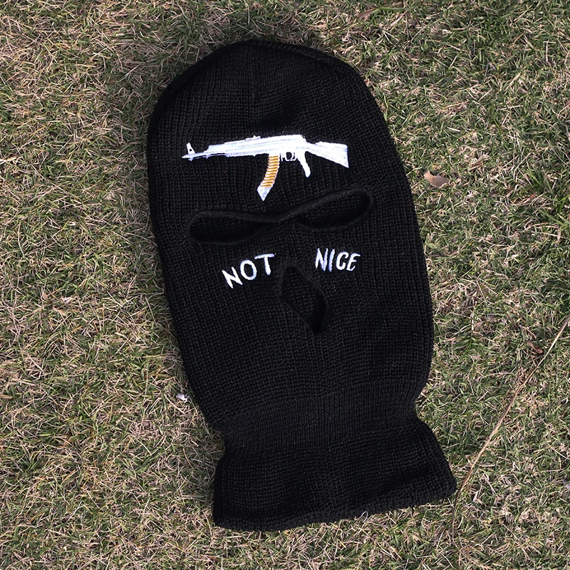 NOT NICE 3 Holes AK 47 Red Heart Winter Warm Unisex Balaclava Mask Hat Full Face Mask Black Knitted Ski Snowboard Hat Cap Beanie