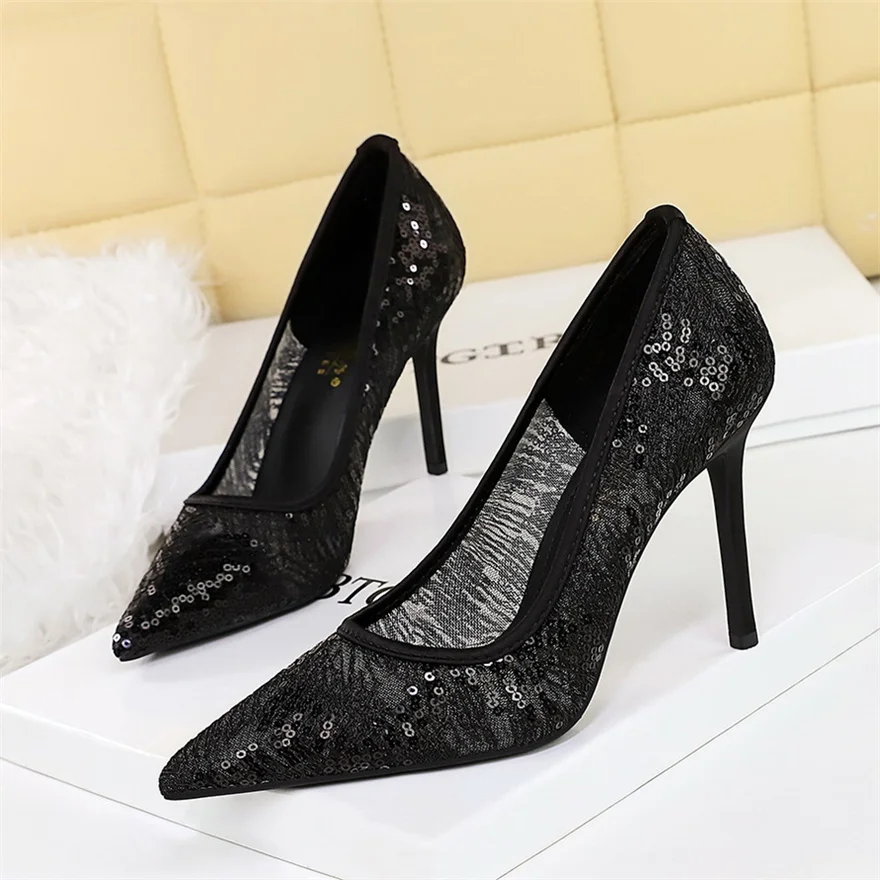 

New Women's Sexy Shallow Mouth Super High Heels With Bow Pointed Toe Sequins Lace Mesh Ladies Shallow Mouth Slim Single Shoes