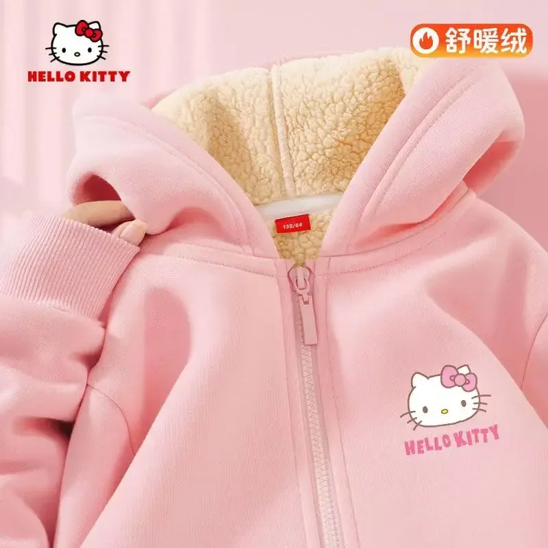 

Sanrio Hello Kitty Girls' Fleece Sweatshirt 2024 New Autumn and Winter Thickened Cute Hooded Zipper Cardigan
