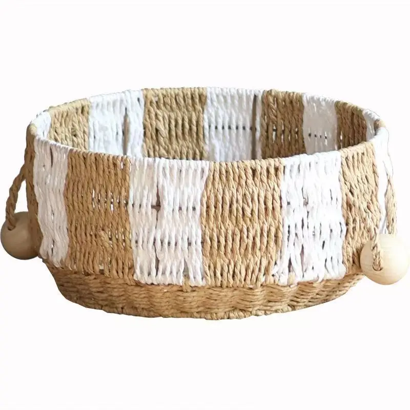 2Pcs Different Sizes Boho Woven Storage Baskets Beige White Patchwork With Wooden Beads Handles Desktop Sundries Organizer For