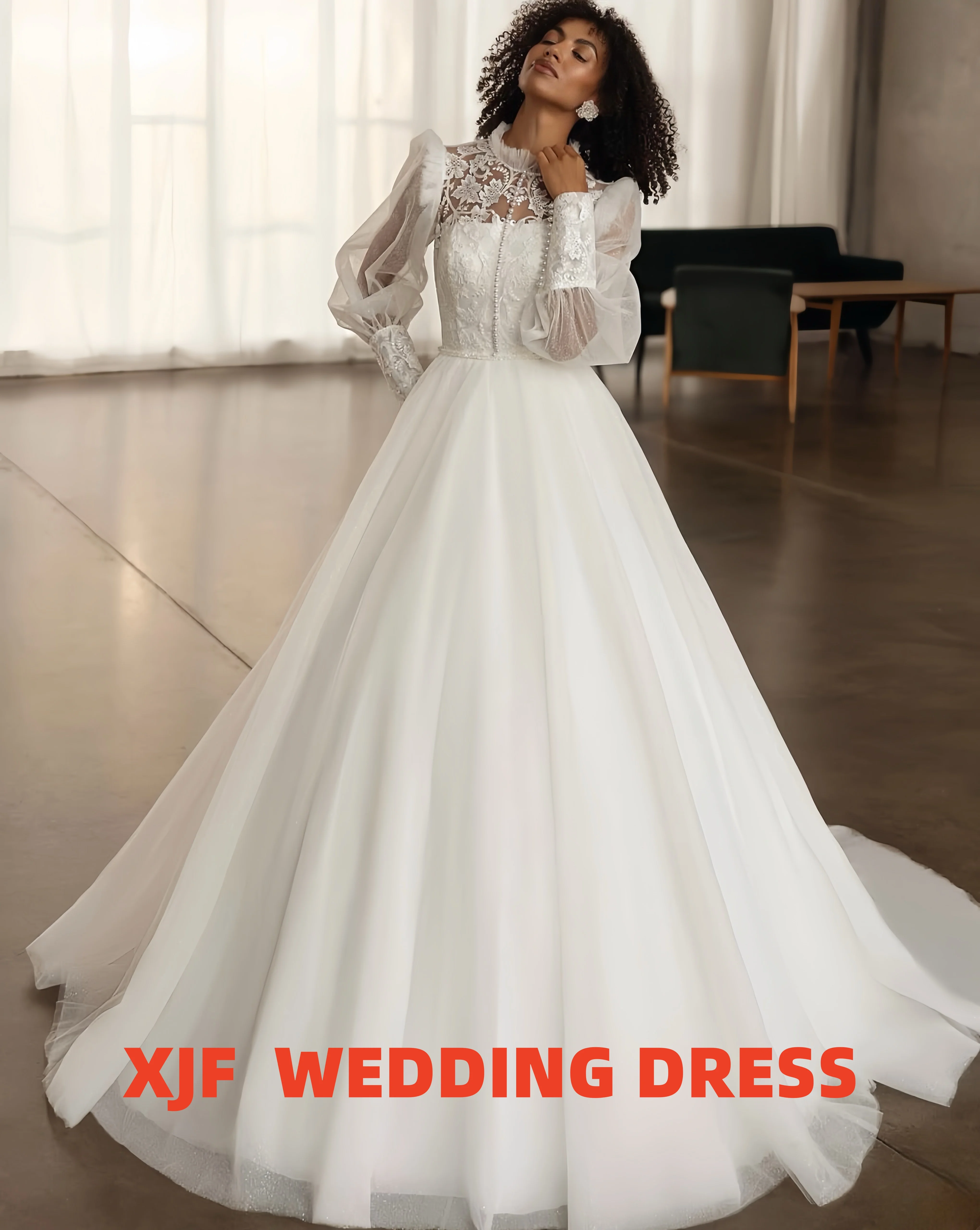 

Customized Elegant wedding dress high-neck long-sleeved organza skirt puffed sleeve wedding dress vestidos de novia
