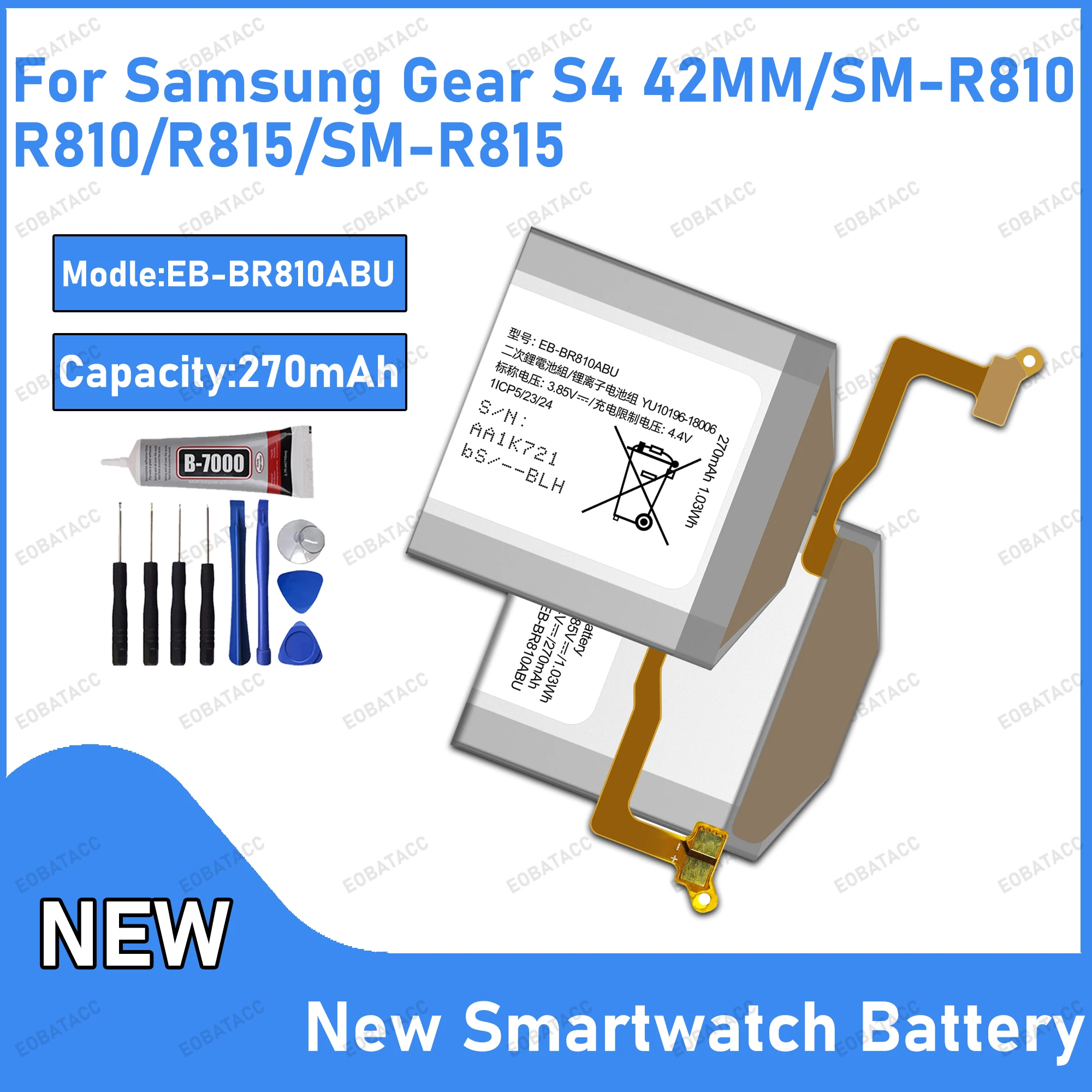 

100% New Zero Cycle EB-BR810ABU Battery For Samsung Watch Gear S4 42MM/SM-R810/R810/R815/SM-R815 Smartwatch Bateria+Free Tools