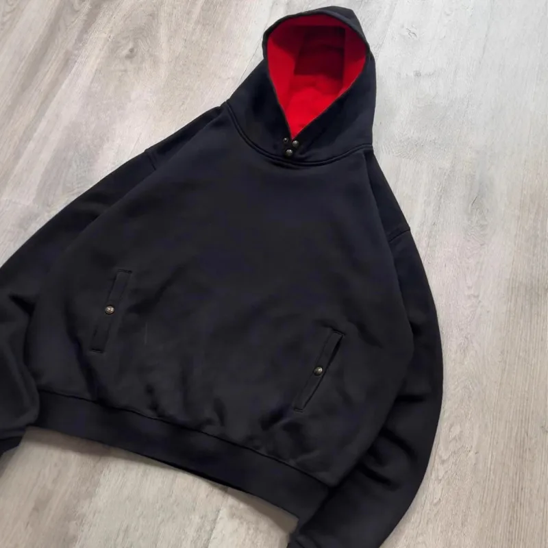 HKSH Spring Autumn New Men American Casual Solid Color Buttons Hooded Sweatshirt Trendy Loose Stylish Women Dark Hoodie HK16660