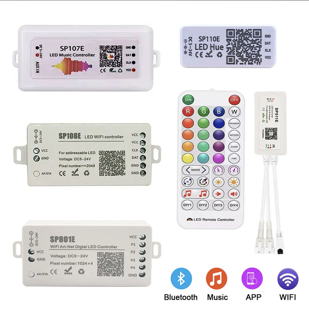 WS2812B WS2811 LED Strip Light Bluetooth/Music/WIFI/USB Pixels Controller SP107E SP108E SP110E SP511E SP801E SP002E DC5V-24V