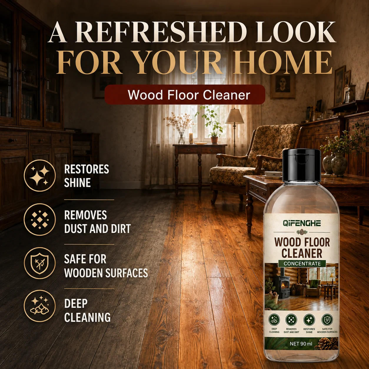 Concentrated Wood Floor Cleaner, Deep Clean Parquet Laminate, Neutral pH, Quick Dry, No Residue, Anti-Bacterial, Deodorize, Shin