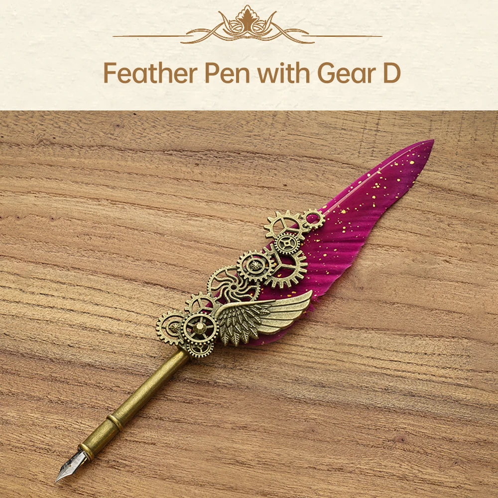 Vintage Feather Pen and Ink Set Fancy Metal Quill Pen with Gear Decorative with Pen Stand Base/10ml Ink/ Wax Beads/Nibs for Kids