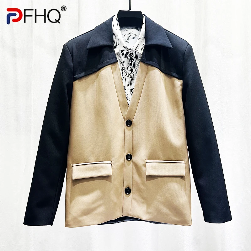 

PFHQ New Niche Design Splicing Contrasting Color Suit Top Men's Korean Fashion Loose Casual Versatile Male Tops 21Z5913