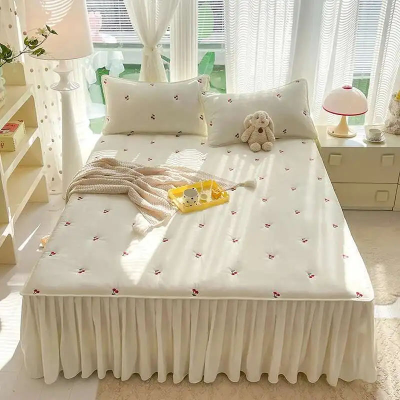 

Solstice 1pc Quilted Bed Skirt - Embroidered Ruffles Mattress Cover, Luxury Ropa De Cama Protector ( No Pillowcase)