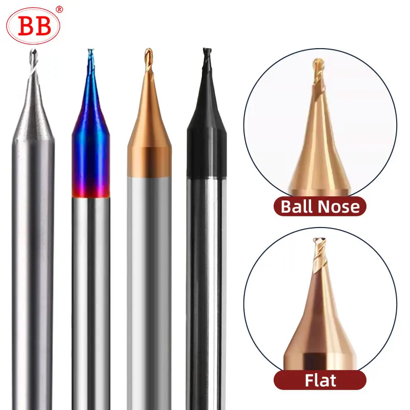 Micro Fresa Mini Bola Plana Nariz Fresa 2f Cnc Usinagem de Precisão Aço Cobre Alumínio Aço Duro 0.1 Mm0.9 mm bb