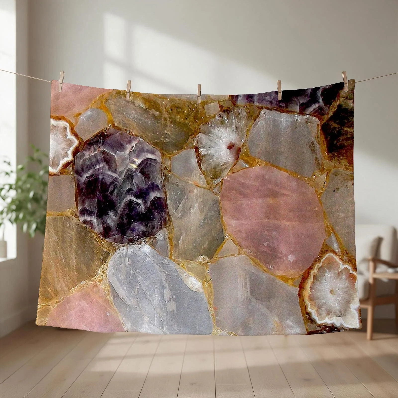Rose Quartz, Amethyst, White Geode, Gemstone Throw Blanket couch cozy soft plush fuzzy picnic outdoor blanket