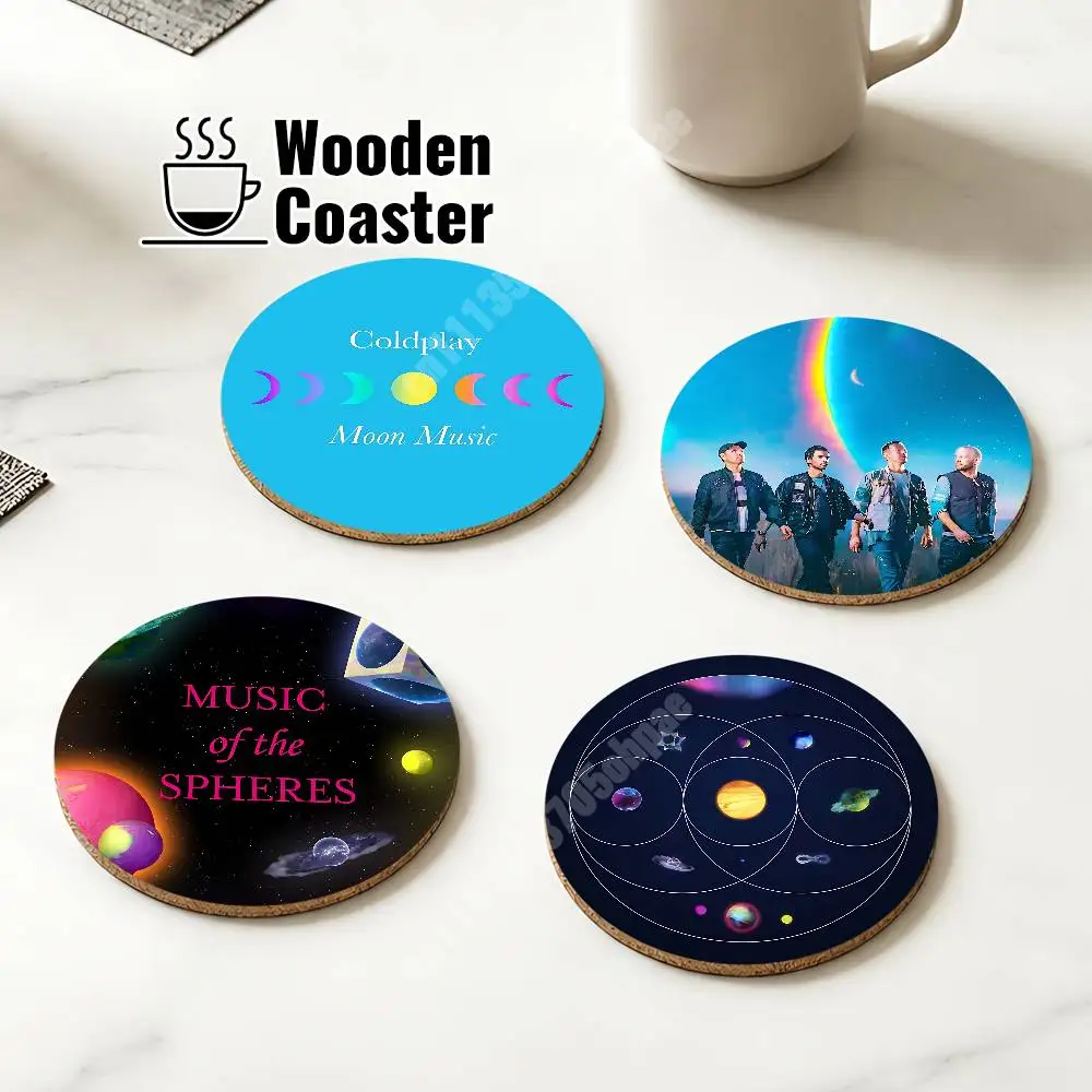 C-Coldplay Moon Music Of The Spheres Wooden Cup Mat Espresso Whiskey Soda Water Coaster for Dessert Store