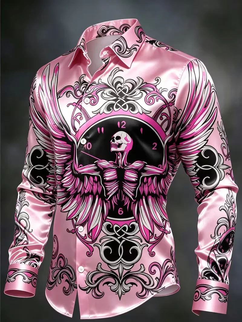

New Clock Skull Double Winged Curly Grass Printed Long Sleeve Shirt with Smooth Drop and Satin Collar for Men
