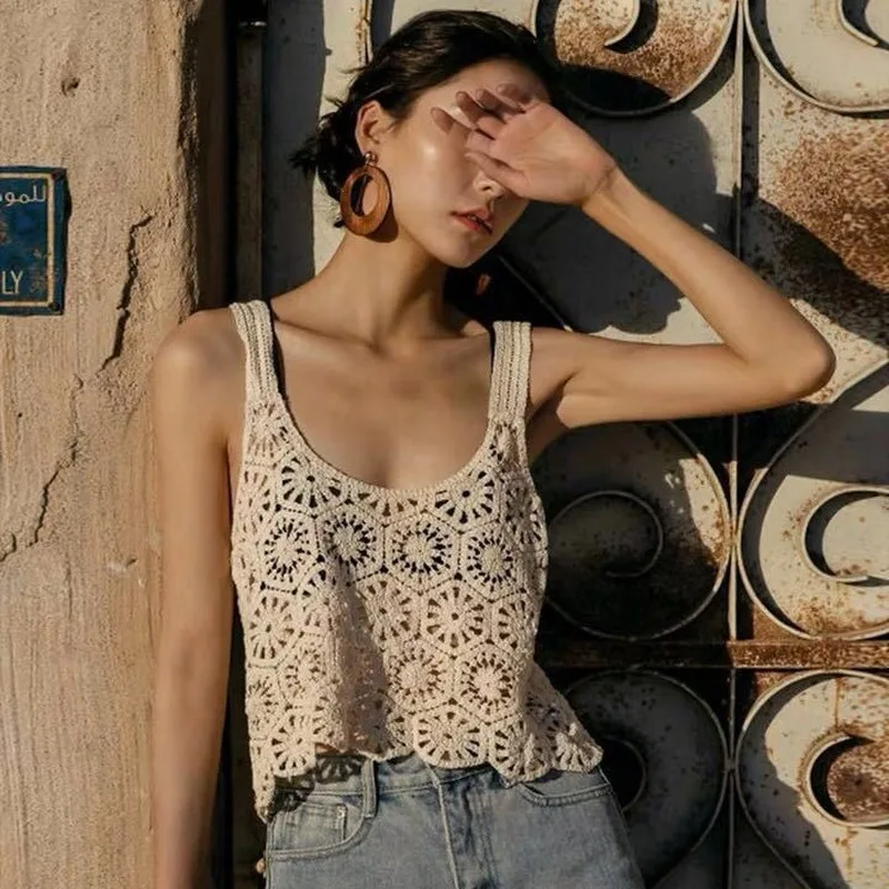 Top Corto Vintage da Donna all'Uncinetto, Stile Boho, con Motivo Floreale Traforato, Canotta Estiva da Spiaggia Senza Maniche