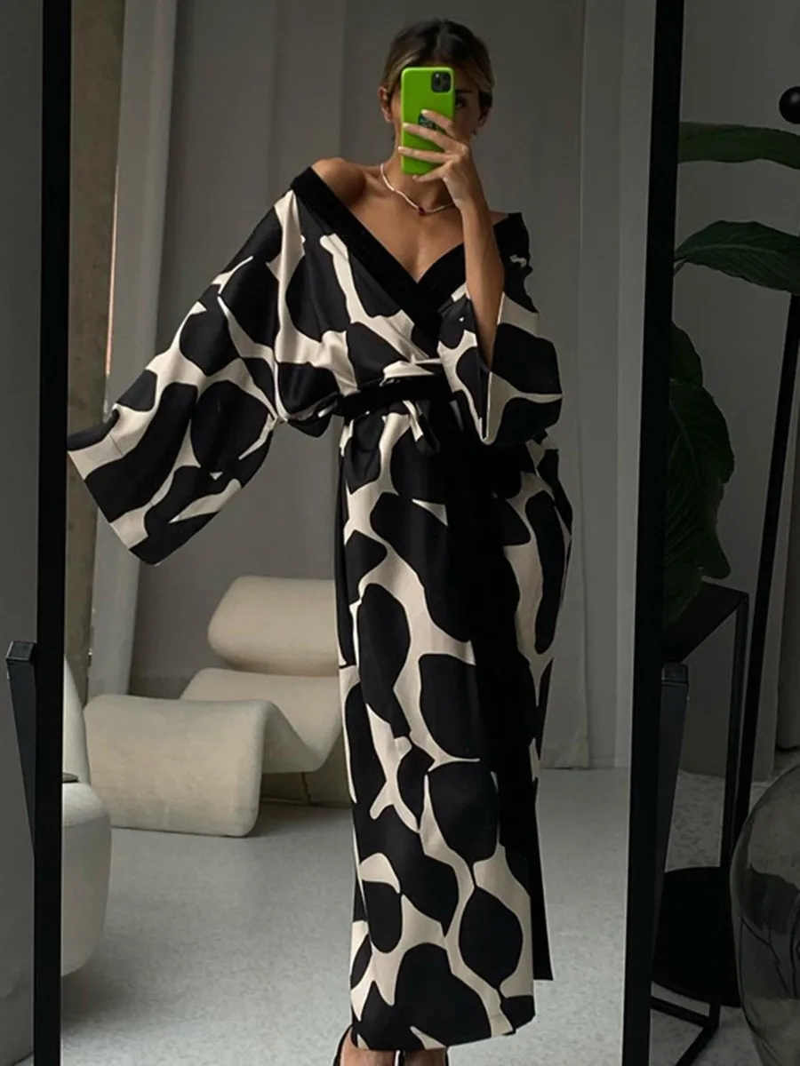 Print Long Lace-up Maxi Dress Spring Summer Nightgown Long Sleeve Kimono For Women Bathrobe Gown Sexy Home Robe Loungewear 2023