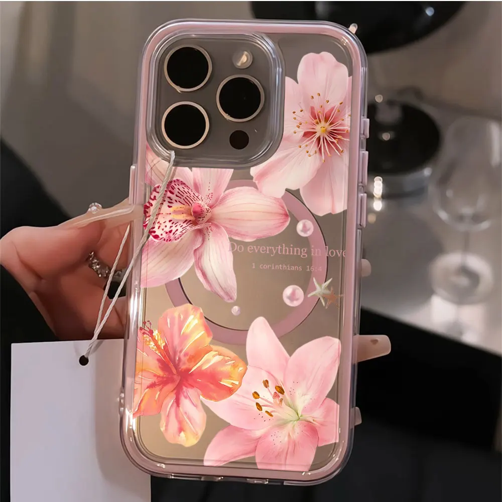 Korean Pink Flower Phone Case For Samsung Galaxy S26 S25 Ultra S23 S24 Plus A55 A17 A57 A56 A16 Magnetic Wireless charge Cover