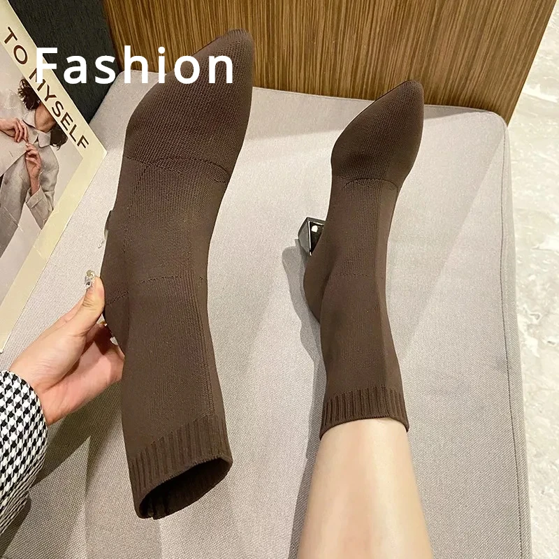 2024 New Elastic Knitted Pointed Socks Shoes Women\'s Pointed Toe Mid-tube Boots Autumn Winter Thick High-heeled Thin Women Boots