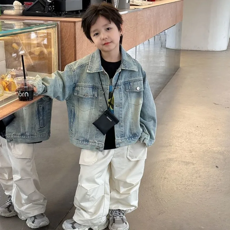 

Весенне-осенняя джинсовая куртка для мальчиков, модная новинка, детская ретро-куртка для отдыха, 90-150 см