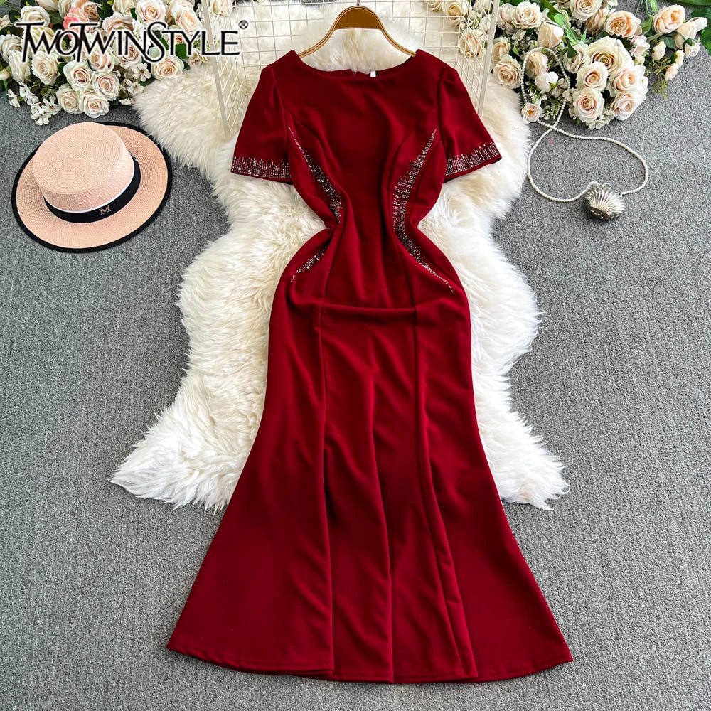 TWOTWINSTYLE Solid Spliced Diamonds Elegant Dresses For Women O Neck Short Sleeve High Waist Temperament Dress Female KDR517871