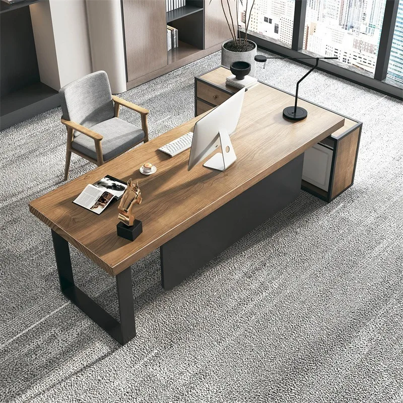 Simple household solid wood computer desk boss table single desk with cabinet workstation president