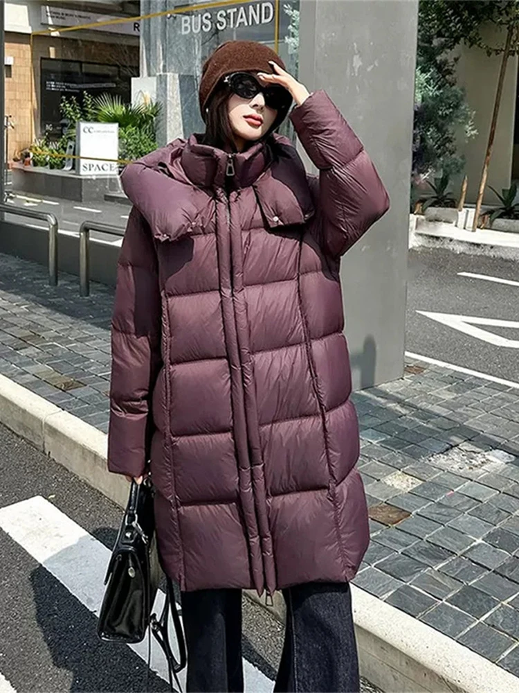 

Winter Puff Mid Length Hooded Down Jacket Women White Duck Down Fluffy Parker Outwears Female Thick Double Zipper Warm Jackets