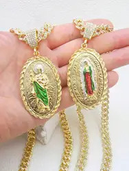 1 Piece Full Diamond Punk Chunky Chain Green St. Jude Classic Design Madonna Pendant Necklace