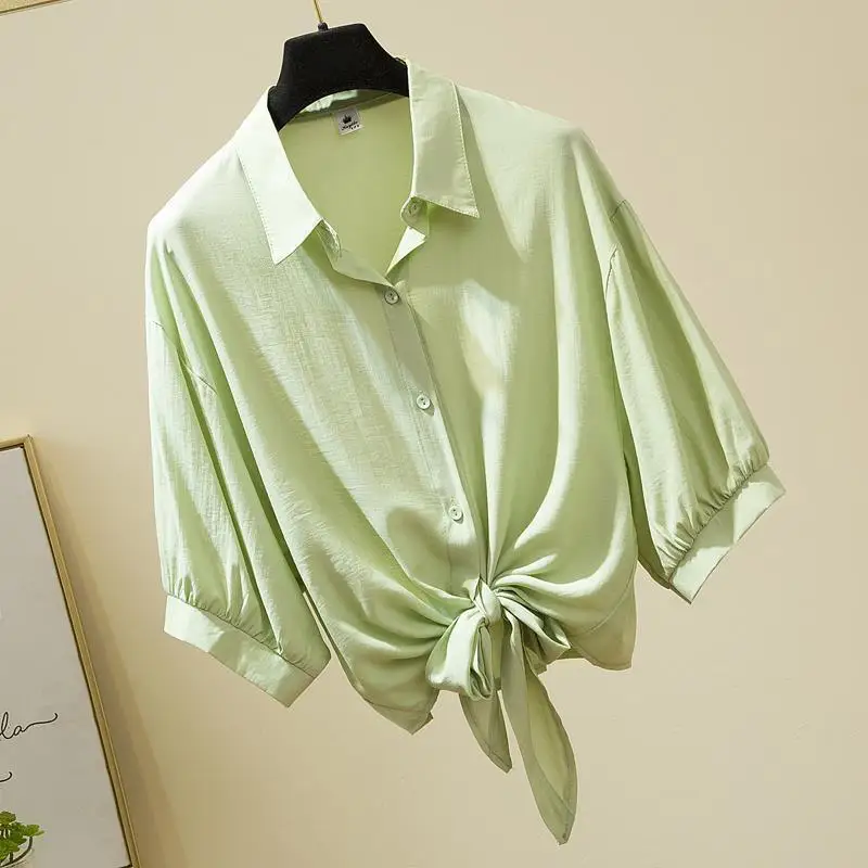 

Large Sized Women's Clothing Casual Temperament Three-quarter Sleeves Shirt for Women Summer Solid Color Loose Slimming Top