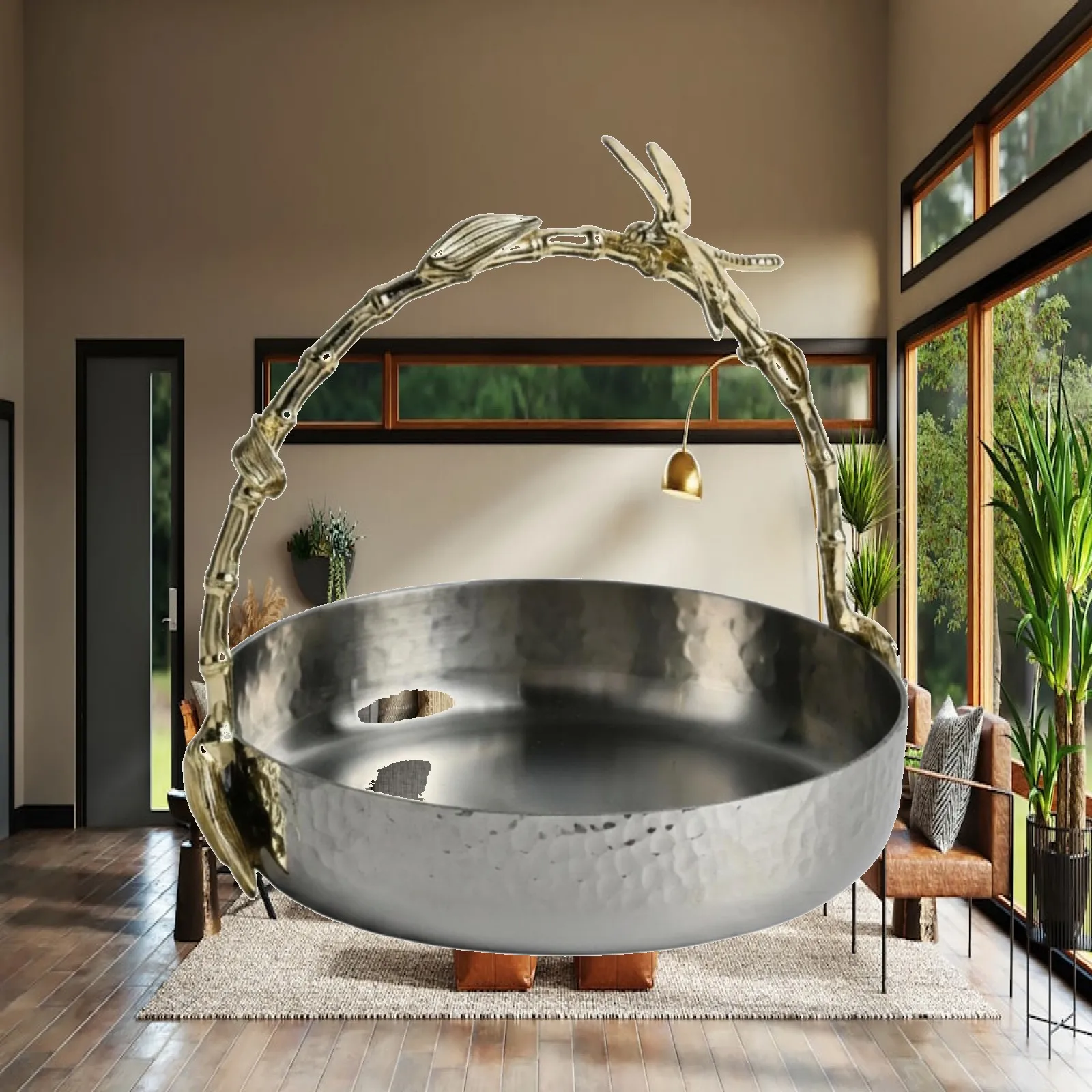 Serving Bowl with Handle Gold-Tone Round Hammered Metal Bowl Silver-Toned
