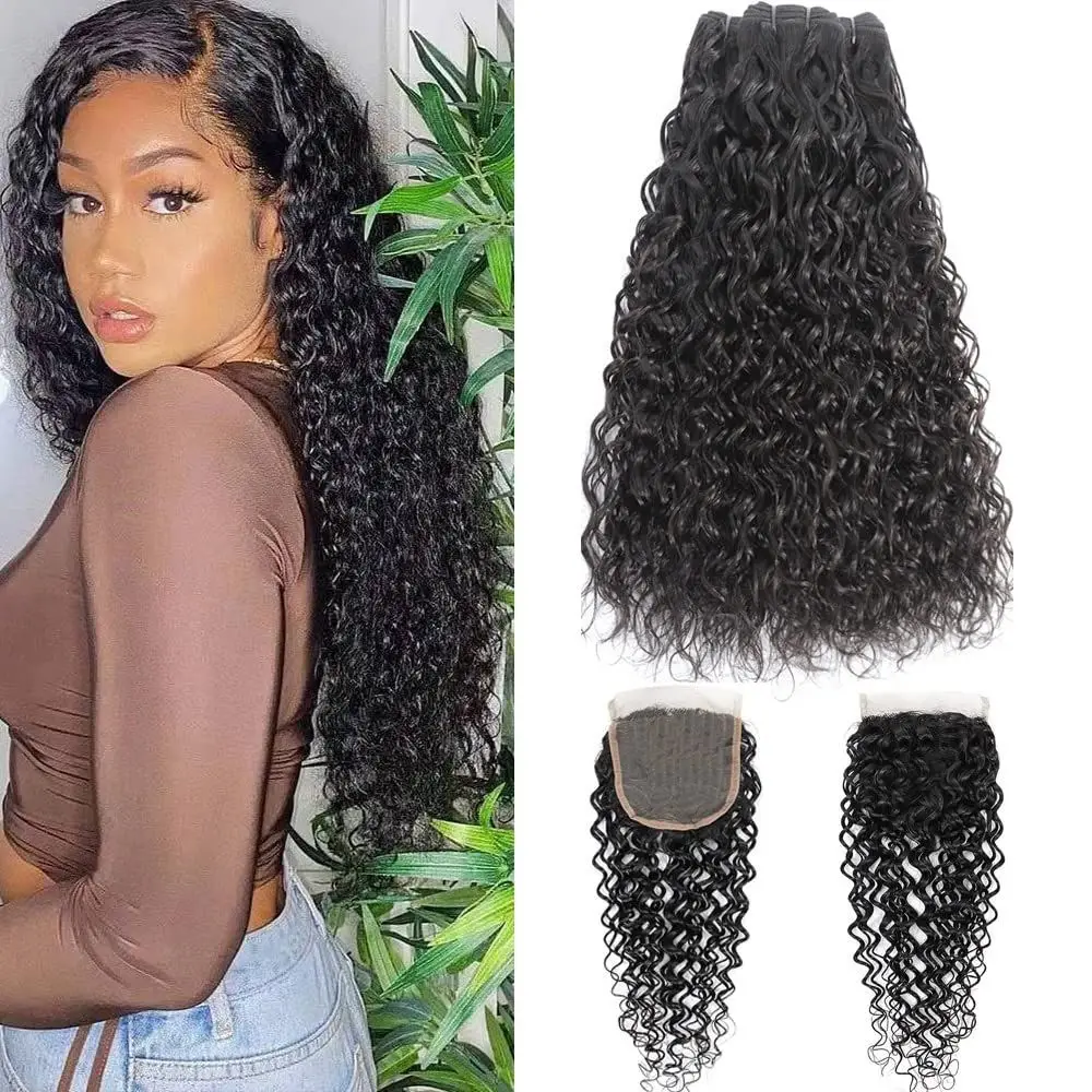 

Curly Wave Bundles With Closure Brazilian Remy Hair Weave 3/4 Bundles With Closure Natural Human Hair Bundles With Closure