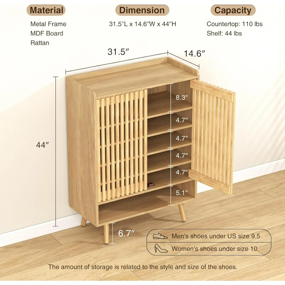 Large Shoe Cabinet with Doors, 6-Tier Entryway Shoe Storage Cabinet with Adjustable Shelves, Freestanding Shoes Rack Organizer